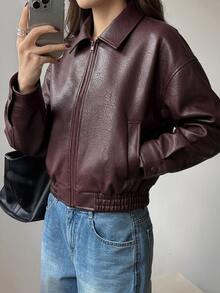 DAZY Spring New Vintage Leather Jacket, Short Style, Regular Fit, Suitable For Valentine's Day - Burgundy - View 8