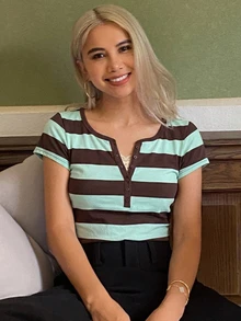 Livesso Women's Striped Patchwork Contrast Color Square Neck Half-Zip Fitted Short Sleeve T-Shirt Graphic Tee Summer Cute Top - Green - View 5