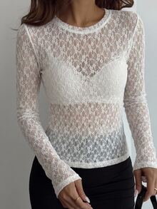 DAZY Women's Round Neck Long Sleeve Lace Fashion T-Shirt - White - View 8