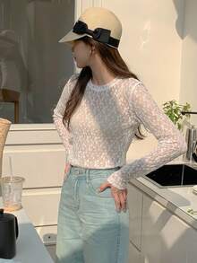 DAZY Women's Round Neck Long Sleeve Lace Fashion T-Shirt - White - View 3