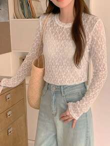 DAZY Women's Round Neck Long Sleeve Lace Fashion T-Shirt - White - View 4