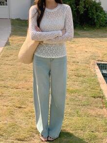 DAZY Women's Round Neck Long Sleeve Lace Fashion T-Shirt - White - View 7