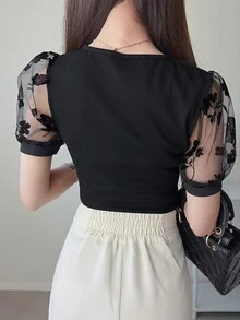 FRIFUL Women's Round Neck Flocked Patchwork Ribbed Trim Criss-Cross Decor Slim Fit Short Sleeve T-Shirt, Summer Cute Tops - Black - View 5