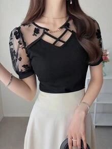 FRIFUL Women's Round Neck Flocked Patchwork Ribbed Trim Criss-Cross Decor Slim Fit Short Sleeve T-Shirt, Summer Cute Tops - Black - View 4