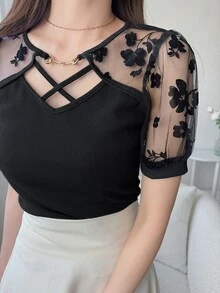 FRIFUL Women's Round Neck Flocked Patchwork Ribbed Trim Criss-Cross Decor Slim Fit Short Sleeve T-Shirt, Summer Cute Tops - Black - View 1