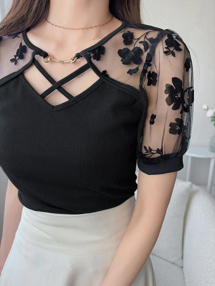 FRIFUL Women's Round Neck Flocked Patchwork Ribbed Trim Criss-Cross Decor Slim Fit Short Sleeve T-Shirt, Summer Cute Tops - Black - View 1