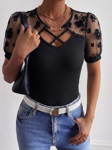 FRIFUL Women's Round Neck Flocked Patchwork Ribbed Trim Criss-Cross Decor Slim Fit Short Sleeve T-Shirt, Summer Cute Tops - Black - View 8