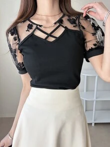 FRIFUL Women's Round Neck Flocked Patchwork Ribbed Trim Criss-Cross Decor Slim Fit Short Sleeve T-Shirt, Summer Cute Tops - Black - View 6