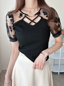 FRIFUL Women's Round Neck Flocked Patchwork Ribbed Trim Criss-Cross Decor Slim Fit Short Sleeve T-Shirt, Summer Cute Tops - Black - View 3