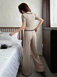 DAZY Autumn Women's Colorblock Knit Top And Wide Leg Pants 2 Pieces Set Brunch Black Khaki Elegant - Apricot - View 3