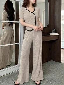 DAZY Autumn Women's Colorblock Knit Top And Wide Leg Pants 2 Pieces Set Brunch Black Khaki Elegant - Apricot - View 4
