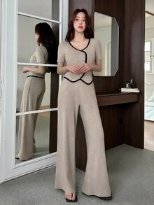 DAZY Autumn Women's Colorblock Knit Top And Wide Leg Pants 2 Pieces Set Brunch Black Khaki Elegant - Apricot - View 2