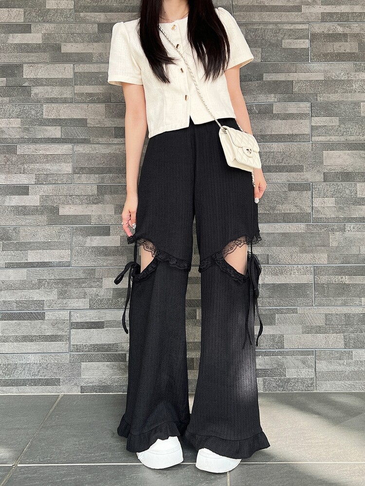 FRIFUL Women's Lace Patchwork Tie-Up Hollow-Out Sheer Fashion Y2k Streetwear Punk 2000s Pants Going Out Night Out Black Blue Autumn Autumn - Black - View 5