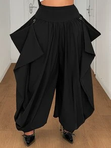 Maweii Spring Autumn Winter Premium Comfortable Minimalist Elegant Exquisite Niche Design Casual Elegant Fashion Design New Essential Daily Wear Street Style Black Loose Plus Size Pants With Metal Buckle - Black - View 3