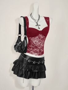 SHEIN ICON 女式蕾丝后背系带开衩性感时尚背心 - 酒紅色 - 查看 4