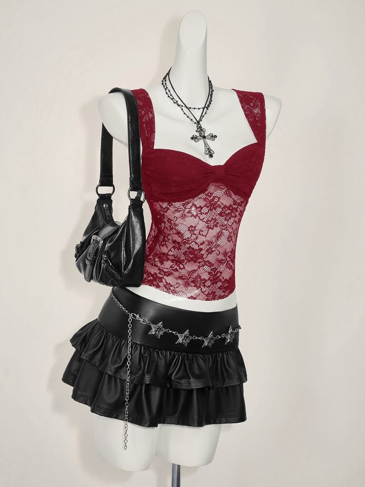 SHEIN ICON Top de mujer con espalda de encaje y Bottom dividida con lazo, de diseño sexy y moderno - Burdeos - Añade 4