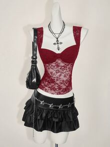 SHEIN ICON 女式蕾丝后背系带开衩性感时尚背心 - 酒紅色 - 查看 3