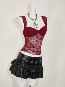 SHEIN ICON 女式蕾丝后背系带开衩性感时尚背心 - 酒紅色 - 查看 7