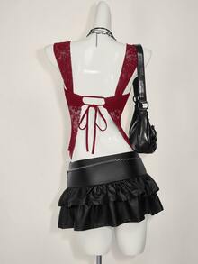 SHEIN ICON 女式蕾丝后背系带开衩性感时尚背心 - 酒紅色 - 查看 2