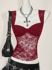 SHEIN ICON 女式蕾丝后背系带开衩性感时尚背心 - 酒紅色 - 查看 12