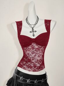 SHEIN ICON 女式蕾丝后背系带开衩性感时尚背心 - 酒紅色 - 查看 6
