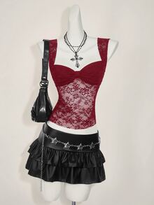 SHEIN ICON 女式蕾丝后背系带开衩性感时尚背心 - 酒紅色 - 查看 11
