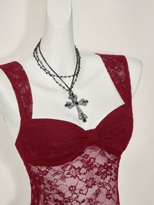 SHEIN ICON 女式蕾丝后背系带开衩性感时尚背心 - 酒紅色 - 查看 8