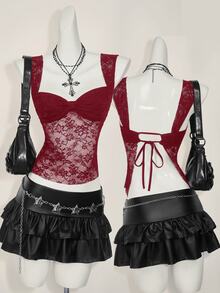 SHEIN ICON 女式蕾丝后背系带开衩性感时尚背心 - 酒紅色 - 查看 13