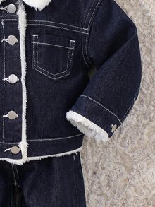 2pcs/Set Baby Girl Fall/Winter Warm Fleece Lined Blue Denim Collar Jacket & Pants,For Baby School Clothes,Dailywear Outfits,Toddler Two-Piece Set - Dark Wash - View 9