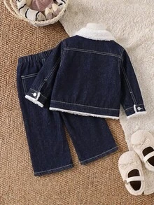 2pcs/Set Baby Girl Fall/Winter Warm Fleece Lined Blue Denim Collar Jacket & Pants,For Baby School Clothes,Dailywear Outfits,Toddler Two-Piece Set - Dark Wash - View 7