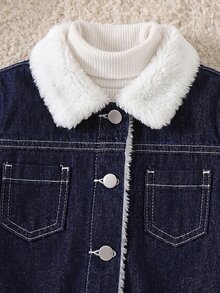 2pcs/Set Baby Girl Fall/Winter Warm Fleece Lined Blue Denim Collar Jacket & Pants,For Baby School Clothes,Dailywear Outfits,Toddler Two-Piece Set - Dark Wash - View 8