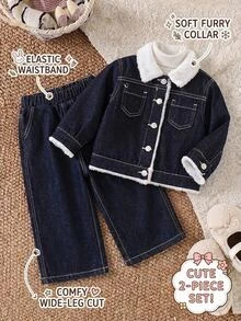2pcs/Set Baby Girl Fall/Winter Warm Fleece Lined Blue Denim Collar Jacket & Pants,For Baby School Clothes,Dailywear Outfits,Toddler Two-Piece Set - Dark Wash - View 6