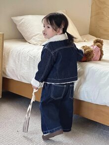 2pcs/Set Baby Girl Fall/Winter Warm Fleece Lined Blue Denim Collar Jacket & Pants,For Baby School Clothes,Dailywear Outfits,Toddler Two-Piece Set - Dark Wash - View 2