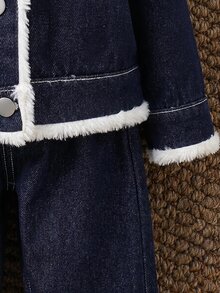 2pcs/Set Baby Girl Fall/Winter Warm Fleece Lined Blue Denim Collar Jacket & Pants,For Baby School Clothes,Dailywear Outfits,Toddler Two-Piece Set - Dark Wash - View 10