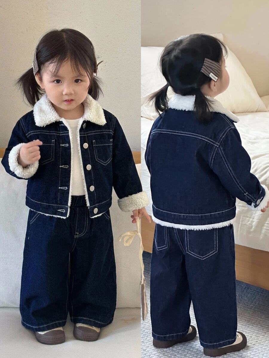 2pcs/Set Baby Girl Fall/Winter Warm Fleece Lined Blue Denim Collar Jacket & Pants,For Baby School Clothes,Dailywear Outfits,Toddler Two-Piece Set - Dark Wash - View 1