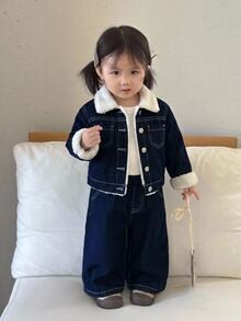 2pcs/Set Baby Girl Fall/Winter Warm Fleece Lined Blue Denim Collar Jacket & Pants,For Baby School Clothes,Dailywear Outfits,Toddler Two-Piece Set - Dark Wash - View 5