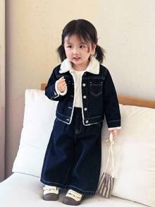 2pcs/Set Baby Girl Fall/Winter Warm Fleece Lined Blue Denim Collar Jacket & Pants,For Baby School Clothes,Dailywear Outfits,Toddler Two-Piece Set - Dark Wash - View 4