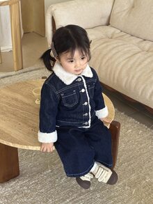 2pcs/Set Baby Girl Fall/Winter Warm Fleece Lined Blue Denim Collar Jacket & Pants,For Baby School Clothes,Dailywear Outfits,Toddler Two-Piece Set - Dark Wash - View 3