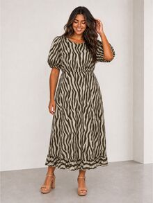 ELLERISSA Plus Size Brown Zebra Print Round Neck Puff Sleeve Back Tie Ruffle Hem Midi Dress - Brown - View 4