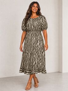 ELLERISSA Plus Size Brown Zebra Print Round Neck Puff Sleeve Back Tie Ruffle Hem Midi Dress - Brown - View 5