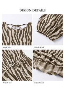 ELLERISSA Plus Size Brown Zebra Print Round Neck Puff Sleeve Back Tie Ruffle Hem Midi Dress - Brown - View 7
