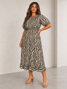 ELLERISSA Plus Size Brown Zebra Print Round Neck Puff Sleeve Back Tie Ruffle Hem Midi Dress - Brown - View 6