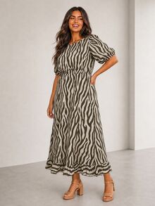 ELLERISSA Plus Size Brown Zebra Print Round Neck Puff Sleeve Back Tie Ruffle Hem Midi Dress - Brown - View 1