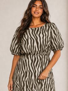 ELLERISSA Plus Size Brown Zebra Print Round Neck Puff Sleeve Back Tie Ruffle Hem Midi Dress - Brown - View 3