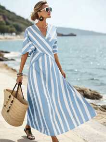 SHEIN Holidaya 女士黄色条纹宽松度假春夏V领修身蝙蝠袖连衣裙，适合度假、休闲、居家和日常活动 - 薄荷藍 - 查看 6