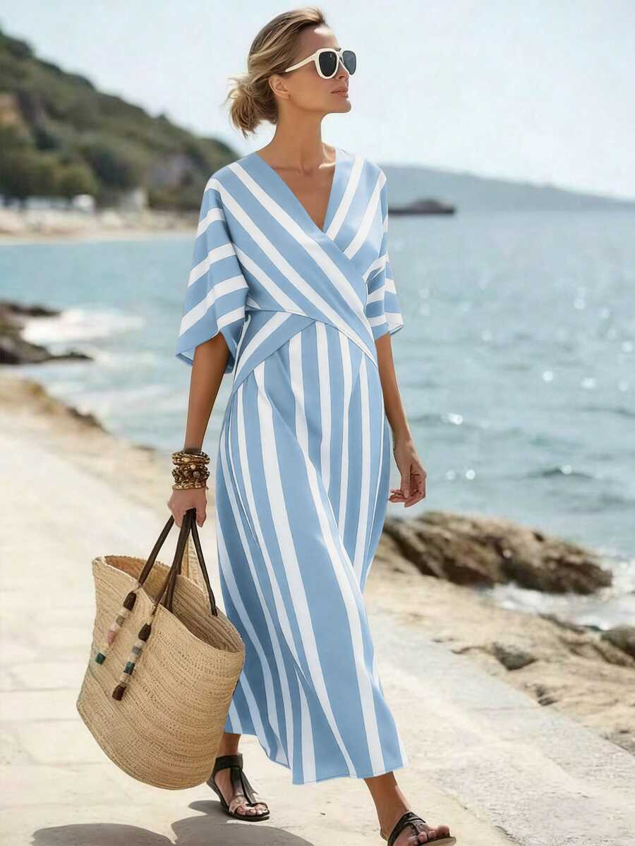 SHEIN Holidaya 女士黄色条纹宽松度假春夏V领修身蝙蝠袖连衣裙,适合度假、休闲、居家和日常活动 - 薄荷藍 - 查看 1