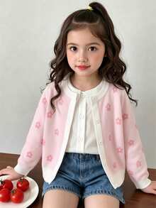 SHEIN Girls' Heart Pattern Hand-Crafted Bow Knitted Sweater Long Sleeve Autumn Fall - Multicolor - View 8