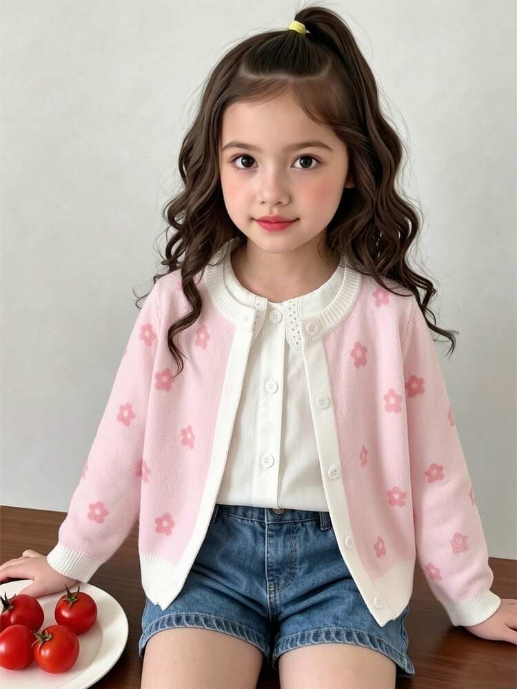 SHEIN Girls' Heart Pattern Hand-Crafted Bow Knitted Sweater Long Sleeve Autumn Fall - Multicolor - View 8
