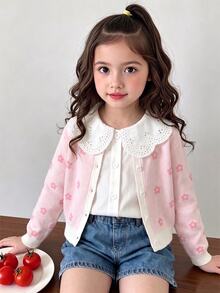 SHEIN Girls' Heart Pattern Hand-Crafted Bow Knitted Sweater Long Sleeve Autumn Fall - Multicolor - View 1