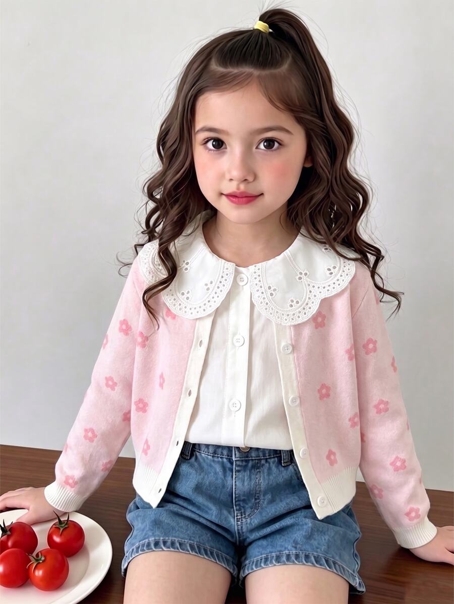 SHEIN Girls' Heart Pattern Hand-Crafted Bow Knitted Sweater Long Sleeve Autumn Fall - Multicolor - View 1